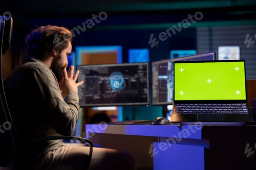 Preview: Green screen laptop next to programmer in home office staggered by sentient AI