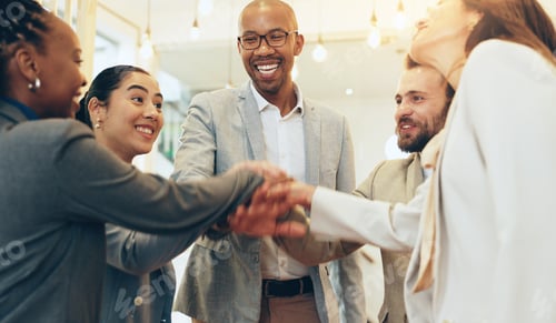 Preview: Group, stack and celebration in office, smile and unity of employees, solidarity and happy for sale