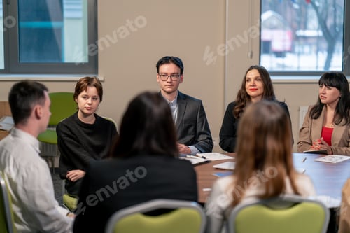 Preview: business meeting the audience asks a question or offers an idea to the speaker brainstorming session