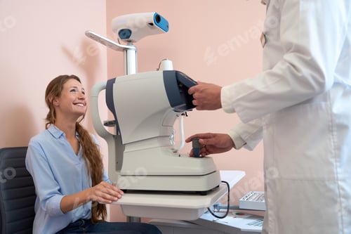 Preview: Pretty Caucasian woman is receiving qualified vision test in modern hospital
