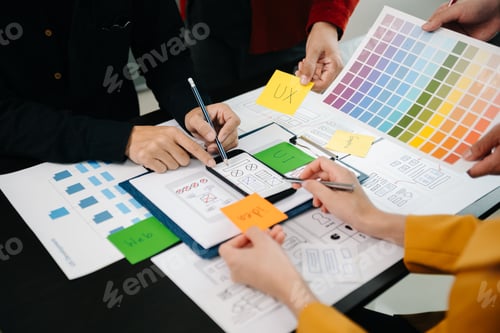 Preview: UX developer and ui designer brainstorming about mobile app interface wireframe design with customer