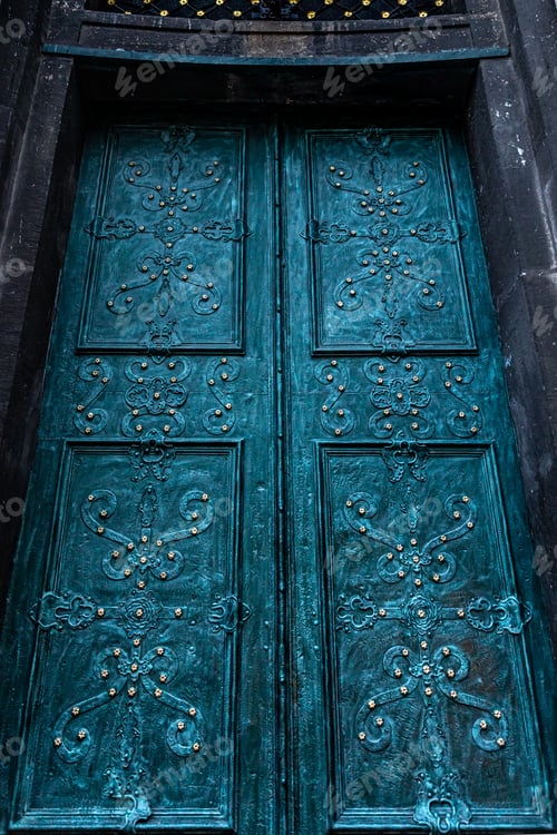 Preview: Ancient doors in the cathedral, turquoise old doors.