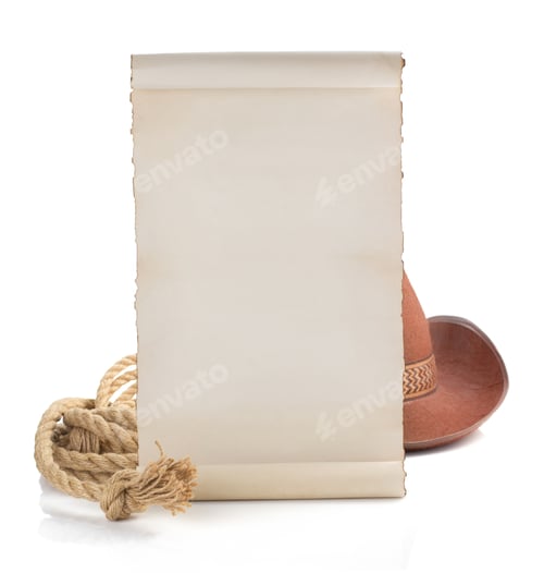 Preview: aged paper and cowboy hat isolated on white