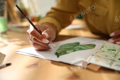 Preview: Leaf Illustration Painting with Fine Brush on Paper