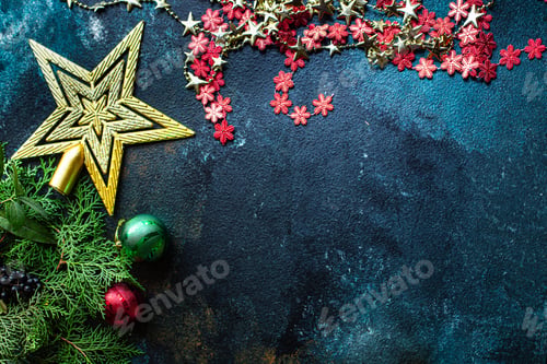 Preview: Christmas Background New Year Toys Spruce And Golden Tinsel Lights And Festive Atmosphere Decoration