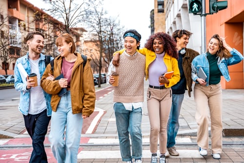 Preview: University students walking and laughing with fun for learning bonding and talking