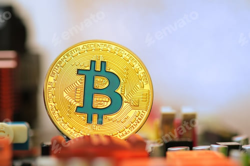 Preview: Bitcoin crypto currency on circuit board .virtual money.blockchain technology.mining concept