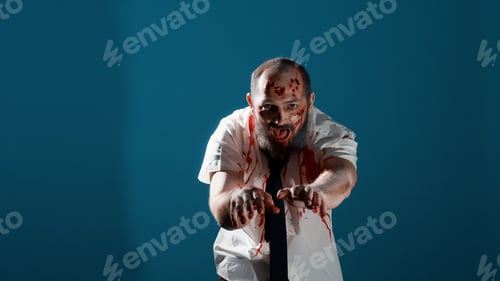 Preview: Growling spooky zombie prowling at camera on blue background.