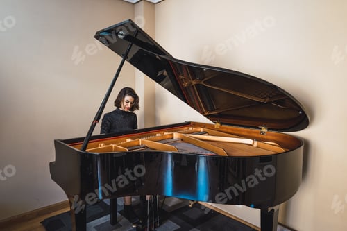 Preview: Young woman playing notes behind a piano