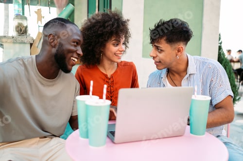 Preview: A group of multicultural university friends enjoys online shopping and fun moments together