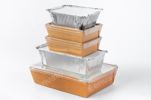 Preview: Assortment of food delivery containers on white background