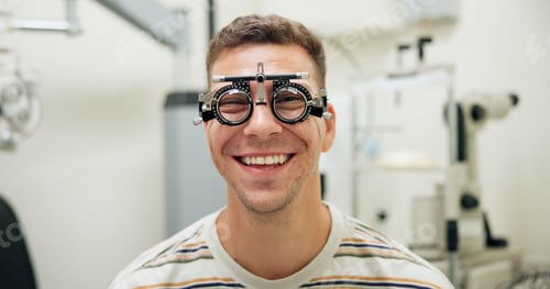 Preview: Portrait, happy man and trial frame for eye care, vision and healthcare in clinic. Face, smile and