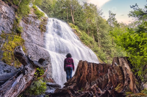 Preview: Woman watching the Waterfall in the Canadian rainforest
