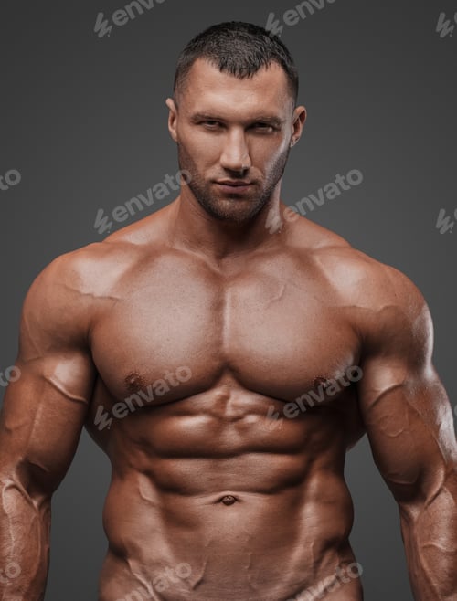 Preview: Muscular Man in White Briefs on Gray Background
