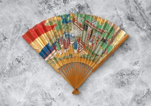Preview: Old Japanese folding fan from early 19th century on gray background