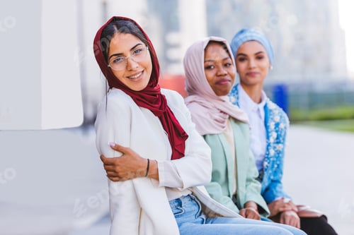 Preview: Beautiful muslim girl wearing hijab bonding outdoors