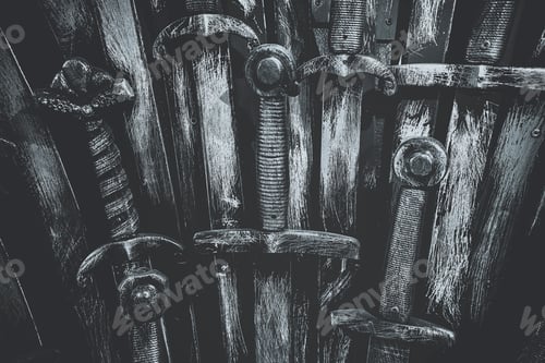 Preview: Metal knight swords background. Close up. The concept Knights.
