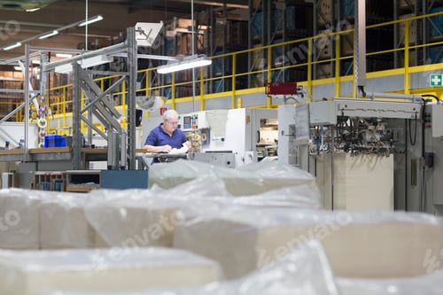 Preview: Worker using machine in paper packaging factory
