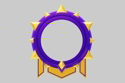 Visualização: Emblema circular com borda roxa e formas triangulares amarelas.