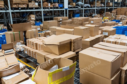 Preview: Boxes with goods lying in modern warehouse