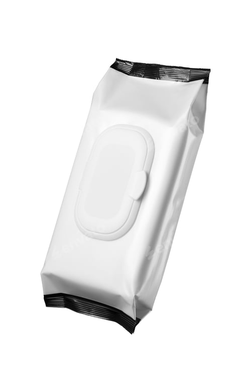 Preview: White wet wipes packaging isolated on white.