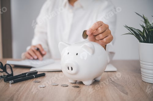 Preview: Hand holding coin with pig piggy bank. Saving and financial accounts concept