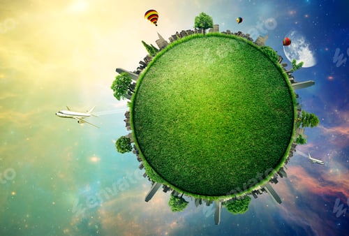 Preview: Green Planet Earth Covered With Grass City Skyline. Sustainable Source Of Electricity, Power Supply