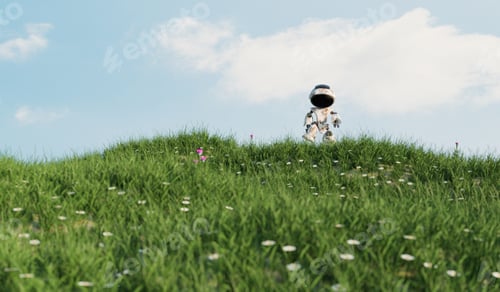 Preview: small bot walking in grass field, friendly technology and environment concept