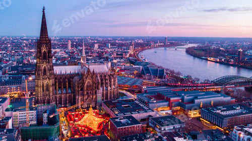 Preview: Cologne Germany Christmas market, aerial drone view over Cologne rhine river Germany Cathedral
