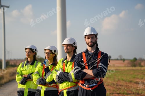 Preview: Sustainable energy industry - Engineers working at alternative renewable wind energy farm