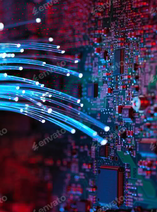 Preview: Fibre optics flowing through circuit boards from a laptop computer, close-up
