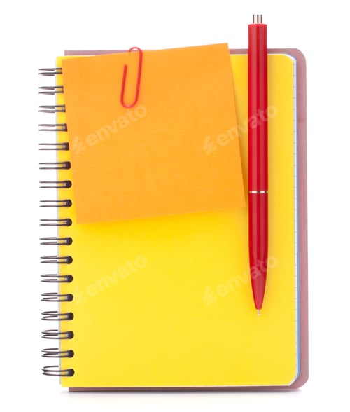 Preview: Yellow cover notebook with notice paper and pen