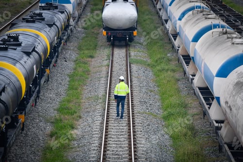 Preview: Engineer under inspection and checking construction process railway and checking work on railroad st