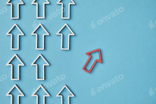 Preview: top view of rows vertical white arrows near red pointer on blue background