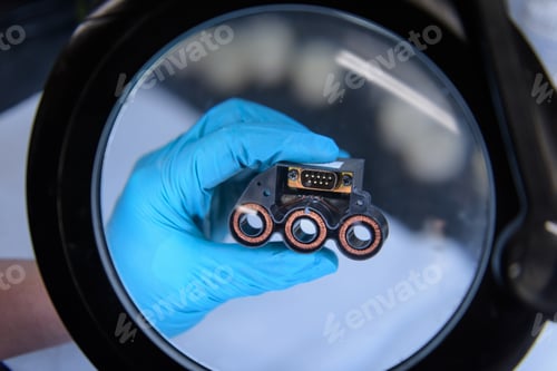 Preview: Electromagnets being held under magnifier on production line in electromagnetics factory
