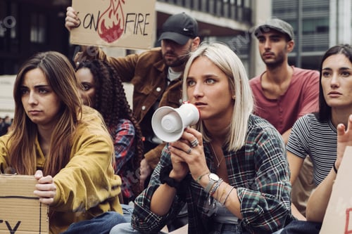 Preview: young protester sit-in - group of generation z people protesting against global warming