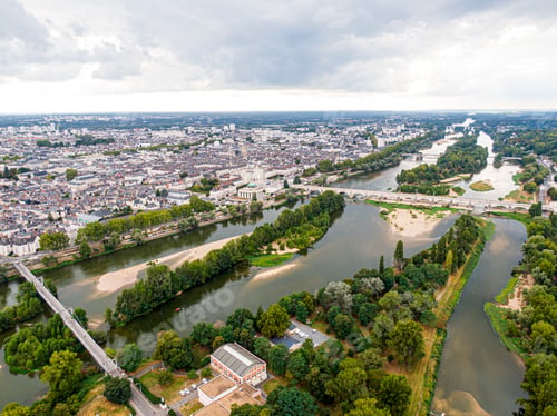 Preview: Aerial view of Tours, Bridge Napoleon, bridge Wilson crossing the river Loire, Val-de-Loire, France