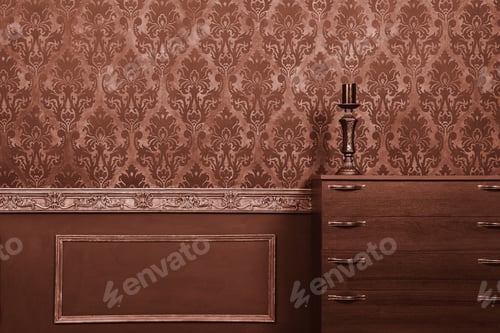 Preview: Candle on furniture in vintage room with rococo pattern backgrou