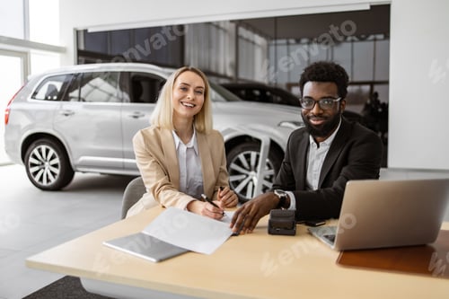 Preview: Caucasian rich woman customer buyer client in suit sign paper contract.