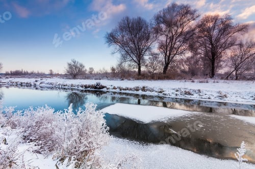 Preview: Dawn over the river in winter morning