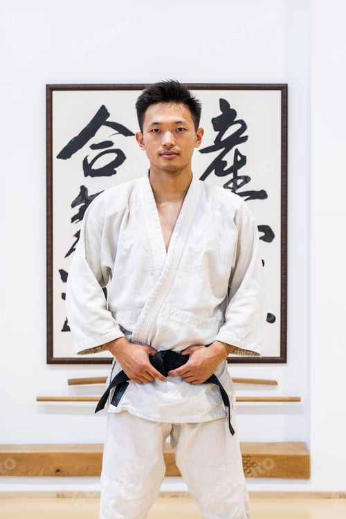 Preview: Asian martial arts athlete wearing white keikogi and black belt standing in dojo