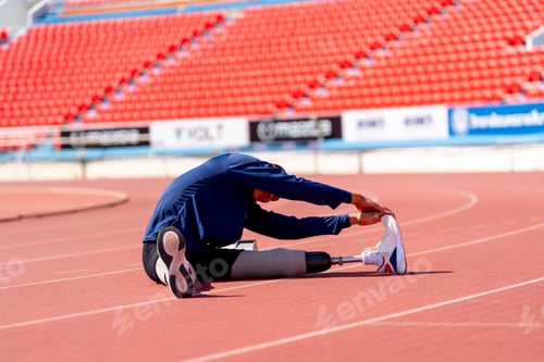 Preview: Asian para-athletes with prosthetic blades sprint on a running track at stadium.