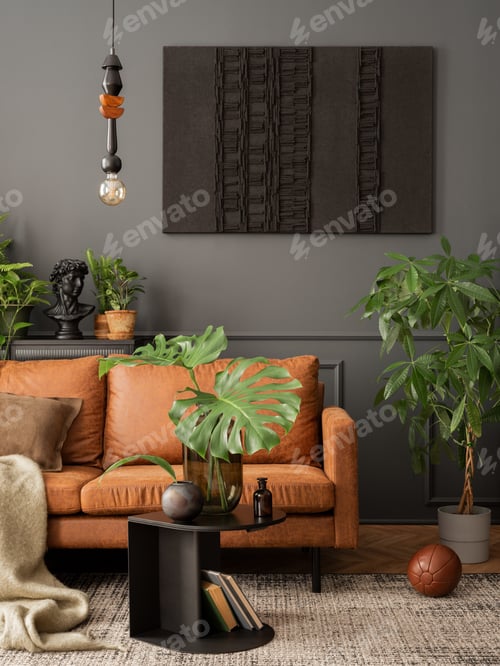 Preview: Creative composition of living room interior with sofa and personal accessories. Home decor Template