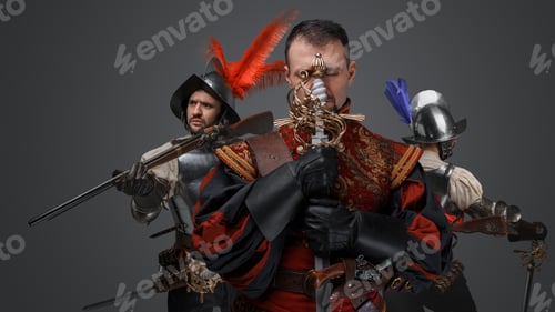 Preview: Squad of conquistadors dressed in armor against grey background