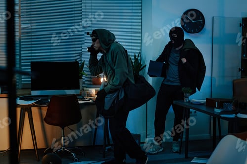 Preview: Two Young Adult Men Stealing Office Equipment during Nighttime Burglary
