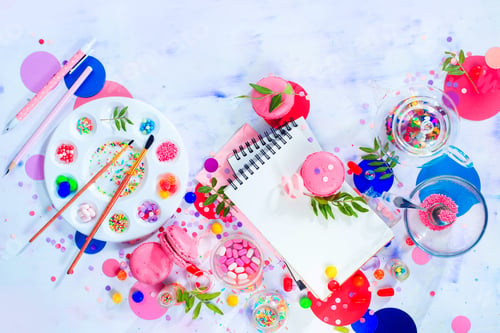 Preview: Sweettooth artist tools creative party concept. Pink macarons in a colorful party activity concept