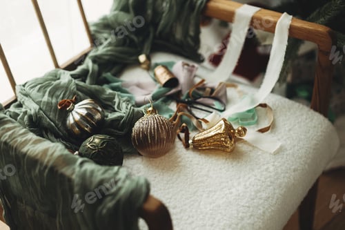 Preview: Merry Christmas! Stylish christmas vintage baubles, ribbons, brass bells and scissors