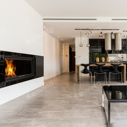Modern Kitchen with Fireplace in Minimalist Interior