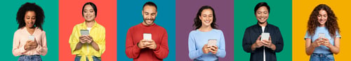 Preview: Enthusiastic and diverse group of people with joyful expressions using smartphones