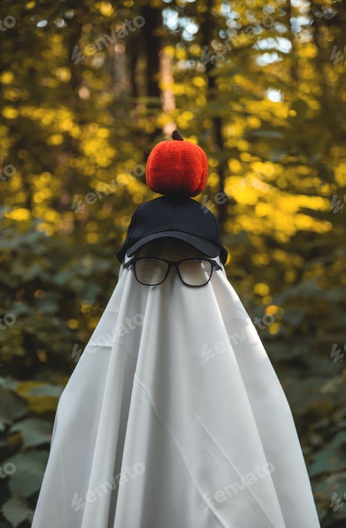 Preview: Scary Halloween ghost in the autumn forest. Trick or treat concept